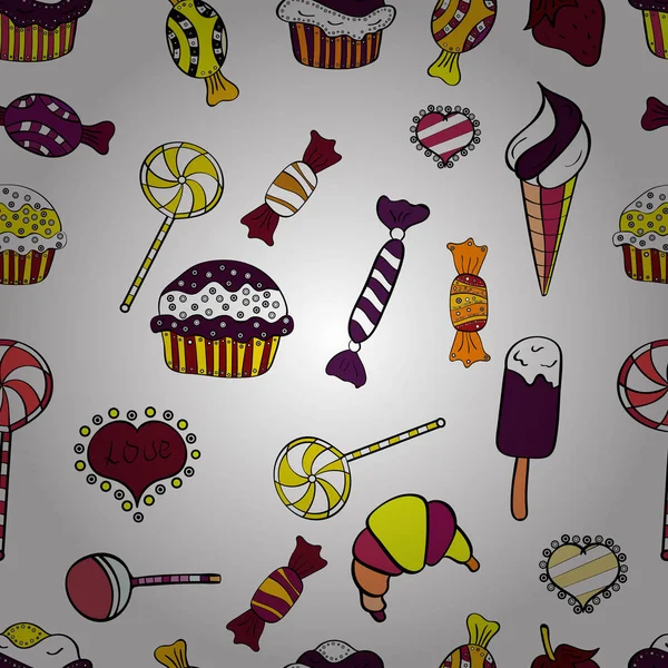 黄色の色味のキャンディー ベクトル お菓子や綿菓子をかわいい漫画カラフルなシームレスなベクトル パターン — ストックベクタ