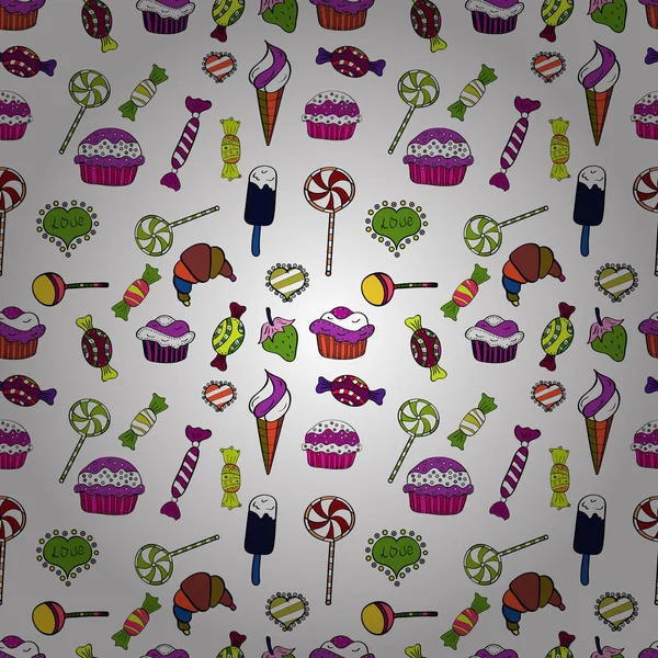 Gıda afiş tasarımı için. Kağıt ambalaj. Beyaz, siyah ve mor zemin üzerine kek ile sorunsuz. Vektör çizim.