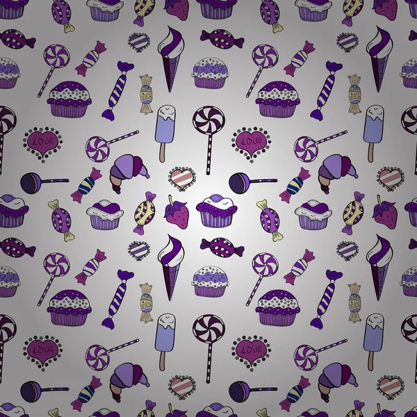 Seamless modeli ile elle çizilmiş doodle tatlılar: top kek, kek, pasta, kek. Şirin Doğum günü arka plan üzerinde siyah, mor ve beyaz. Vektör çizim.