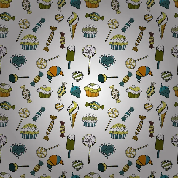 Cupcake seamless modeli. Şirin Doğum günü sarı, beyaz ve siyah arka plan. Kağıt ambalaj. Vektör çizim. Tatlılar arka plan tasarım.