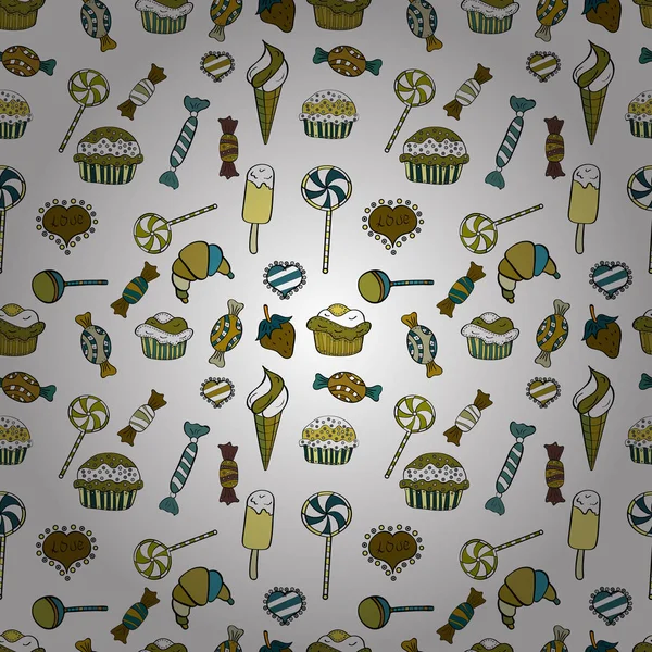 Sorunsuz elle çizilmiş doodle tatlılar: top kek, kek, pasta, kek. Güzel Doğum günü arka plan üzerinde siyah, beyaz ve kahverengi. Vektör çizim.