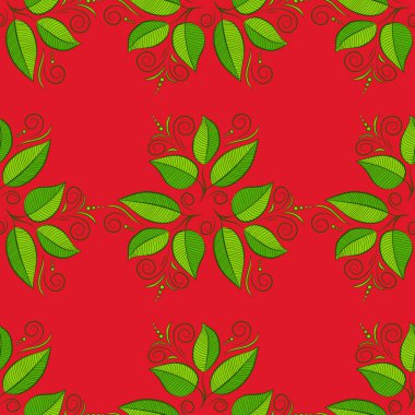 Vektör düz çizim. Tropik bir bitki. Canlı tropikal çiçek ve yaprakları kahverengi, yeşil ve kırmızı zemin üzerine. Sorunsuz.