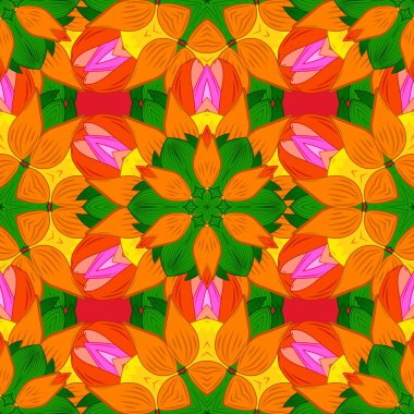 Sorunsuz çiçek deseni için duvar kağıdı kullanılabilir. Vektör çizim. Turuncu, pembe ve yeşil renkler çiçekler.