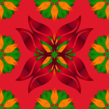 Mandala tarzı. Zengin etnik seamless modeli geometrik tasarım çizgili. Vektör çizim. Turuncu, kırmızı ve yeşil renkler renkli mandala.