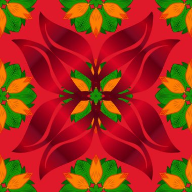 Bahar Tema Dikişsiz desen arka plan rengi. Düz çiçek öğeleri tasarım. Turuncu, kırmızı ve yeşil renk çiçekler. Çiçek ile Seamless modeli.