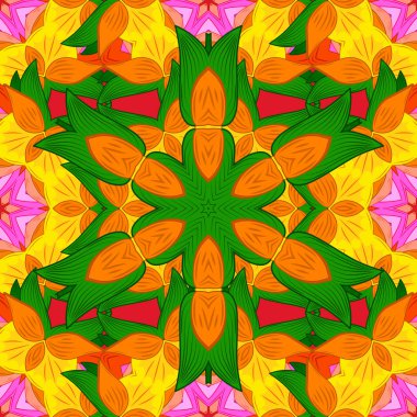 Düz çiçek öğeleri tasarım vektör çizim. Çiçek Dikişsiz desen arka plan. Bahar Tema Dikişsiz desen arka plan rengi. Turuncu, yeşil ve sarı renkler çiçekler.