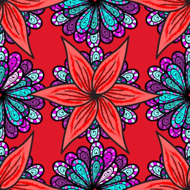 Güzel kumaş deseni. Vektör çizim. Doodle çiçekler ve dalları, otlar ve çiçekler. Elle çizilmiş.