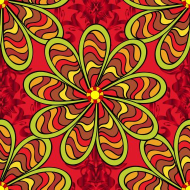 Kırmızı, sarı ve siyah renklerle sevimli çiçek deseni. Bahar Tema Dikişsiz desen arka plan rengi. Düz çiçek öğeleri tasarım. Vektör moda kumaş deseni.