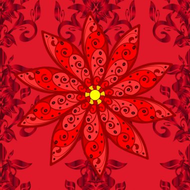 Sorunsuz çiçek deseni. Vektör çizim. Asya Tekstil tarzında. Çiçekleri kırmızı, siyah ve sarı renkler. Vektör çizim.