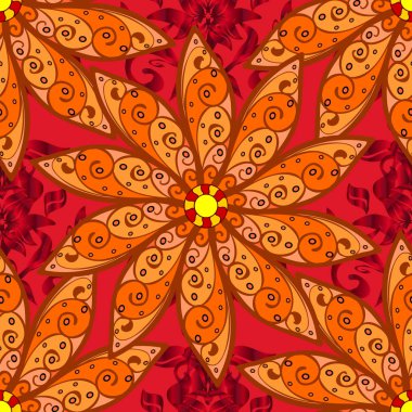 Vektör çiçek desenli çiçekli doodle tarzında. Nazik, yaz turuncu, kahverengi ve kırmızı renkler üzerinde çiçek. Vektör çizim.