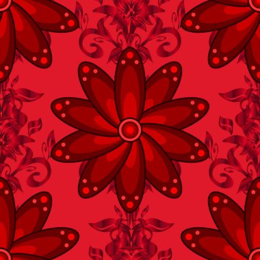 Halk tarzı. İnanılmaz sorunsuz çiçek desenli parlak renkli çiçek ve yaprak üzerinde kırmızı ve kahverengi renkleri ile. Modern çiçek arka plan. Şık moda için şablon yazdırır.