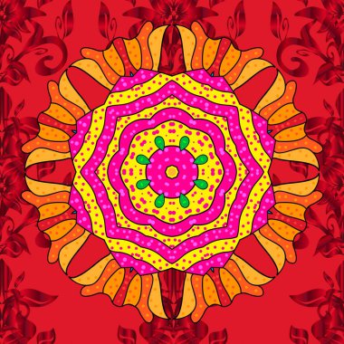 Vektör Doğu, Islam, Hint motifi, canlanma dönen. Renkli mandala desen, arka plan. Şark, simetri dantel. Etnik doku. Vintage Dekoratif süsleme pembe, kırmızı ve sarı renkler.