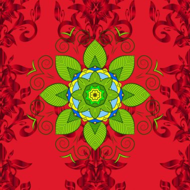 Mavi, yeşil ve kırmızı zemin üzerine canlı sesleri. Tekstil tasarımı. Monstera, fan palmiye ve orkide suluboya egzotik bırakır. Tropikal çiçek seamless modeli. Vektör çizim.