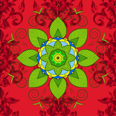 Vektör çizim. Sorunsuz gerçekçi mavi, kırmızı ve yeşil yaprakları desen arka plan parlak doğa yeşillik hareket Poster için. Mavi, kırmızı ve yeşil arka plan yapraklarda.