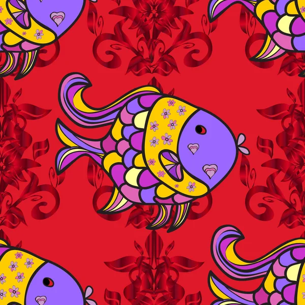 Poissons Tropicaux Mer Sans Couture Violet Rouge Gris Modèle Mode — Image vectorielle