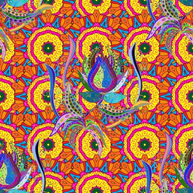 Millefleurs. Tekstil, kumaş, kapakları, duvar kağıdı, baskı, çiçek tatlı sorunsuz arka plan şal, kapitone, Dekupaj. Oldukça vintage feedsack desende küçük sarı, turuncu ve pembe, çiçekler.