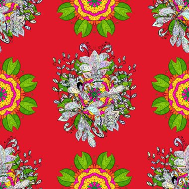 Çiçekleri kırmızı, yeşil ve nötr renkler. Renkli kırmızı, yeşil ve tarafsız seamless modeli. Elle çizilmiş Dikişsiz sonbahar çiçek desen. Doodle tarzı. Tekstil, kapak tasarımı için mükemmel.