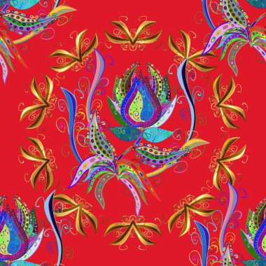 Çiçekleri kırmızı, mavi ve kahverengi renkleri. Sorunsuz çiçek deseni için duvar kağıdı kullanılabilir. Vektör çizim.