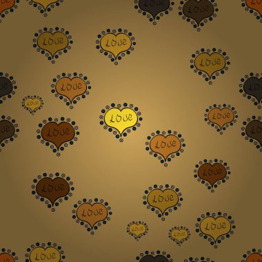 Valentine': s gün kartı sorunsuz arka plan deseni kalp. Sevimli sarı, siyah ve kahverengi renkleri öğeleri. Sorunsuz kupa desen. Vektör çizim. Yinelenen doku.