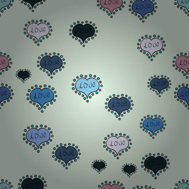 Arka plan seviyorum. Seamless aşk modeli. Vektör çizim. Büyük ve küçük mavi kalpler olan swirls tarafsız, mavi ve siyah renklerde arka plan.