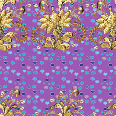 Sorunsuz şark süsleme Barok tarzında. Tarafsız ve mor renkleri altın elemanları ile geleneksel klasik altın vektör desen.