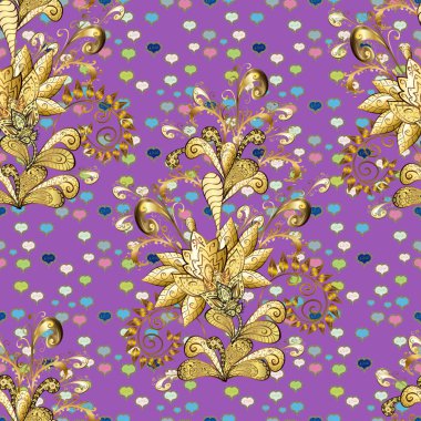 Klasik vektör altın seamless modeli. Çiçek süsleme brokar Tekstil desen, cam, metal altın elemanları ile mor ve sarı renkler üzerinde çiçek desenli.