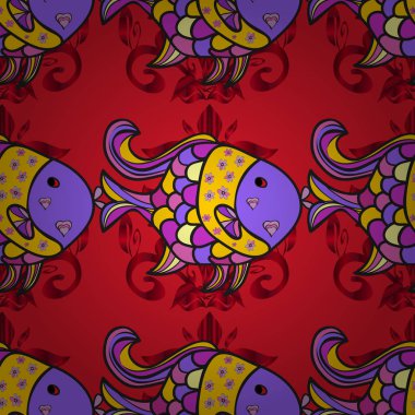 Vektör çizim. Sorunsuz. Arka plan çocuklar. Mor, gri ve kırmızı üzerinde balıklar. Handdrawn. Sevimli balık.