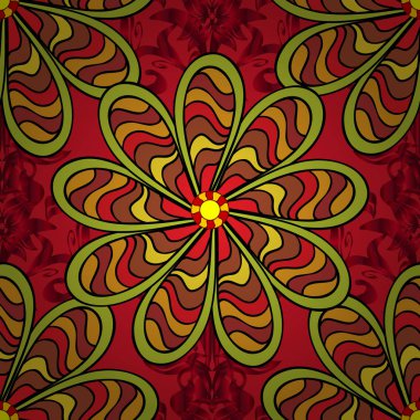 Vektör çizim. Dikişsiz desen suluboya çiçek desenli duvar kağıdı, kart veya kumaş için tileable sevimli çiçek ve yaprakları kırmızı, sarı ve siyah renkler ile.