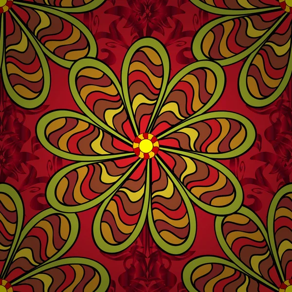 Vektör çizim. Dikişsiz desen suluboya çiçek desenli duvar kağıdı, kart veya kumaş için tileable sevimli çiçek ve yaprakları kırmızı, sarı ve siyah renkler ile.