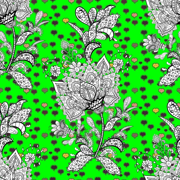 Flowers on green, white and black colors. Vector flat flowers seamless pattern. Design gift wrapping paper, greeting cards, posters and banner design.