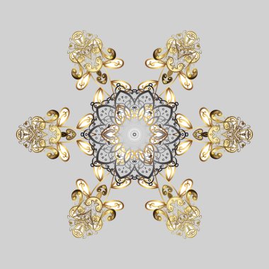 Düz kar doodle simgeler, kar siluet Noel afiş, kartları için pul. Altın renkler sevimli soyut kar tanesi vektör tasarımı. Yeni yıl kar tanesi.