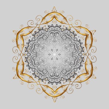 Yeni yıl kar tanesi. Düz kar karalama ikonları, yılbaşı afişi için kar taneleri silueti, kartlar. Altın renkler üzerine şirin soyut kar tanesi vektör tasarımı.