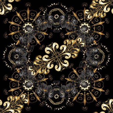 El çekilmiş dekoratif çerçeve, albüm kapağı, tebrik kartı, vintage Art deco tarzında. Vektör soyut çiçek çelenk altın doodle fantezi yaprak ve çiçek bir siyah ve gri renkler.