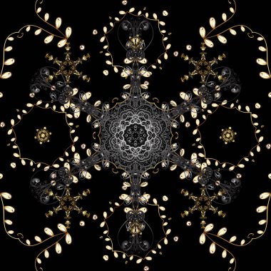 Dikişsiz desen gri ve siyah renkler. Sorunsuz altın dokulu bukleler. Oryantal tarzı arabesk altın öğeleri. Vektör altın seamless modeli.