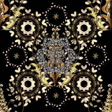 Noel 2019, kar tanesi, yeni yıl. Kahverengi ve siyah renkler altın elemanları ile Vintage seamless modeli.