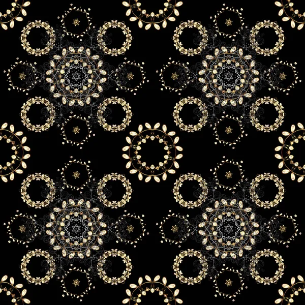 Altın Dikişsiz desen gri ve siyah renkler ile altın çiçek öğeleri. Vektör geometrik arka plan. Altın rengi Dikişsiz illüstrasyon. Tasarımlarınız için duvar kağıdı.