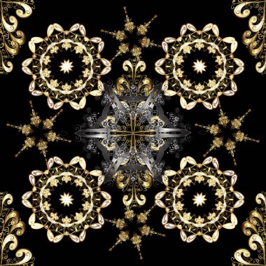 Kına dövme, altın çıkartmalar, tasarım, mehndi ve yoga ile süs çiçek öğeleri kartları ve yazdırır. Siyah renk desen. Vektör altın mehndi seamless modeli.