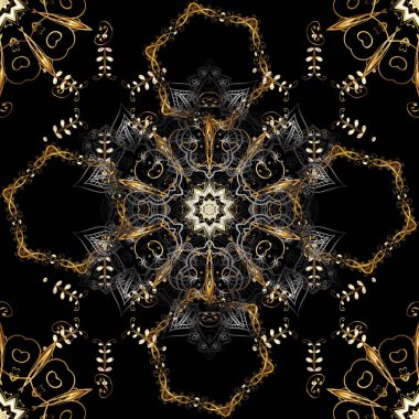 Dikişsiz Ortaçağ çiçek Kraliyet desen. Vektör çizim. Altın Siyah renkler. Dekoratif simetri arabesk. İyi Doğum günü, davet veya afiş için tebrik kartı.