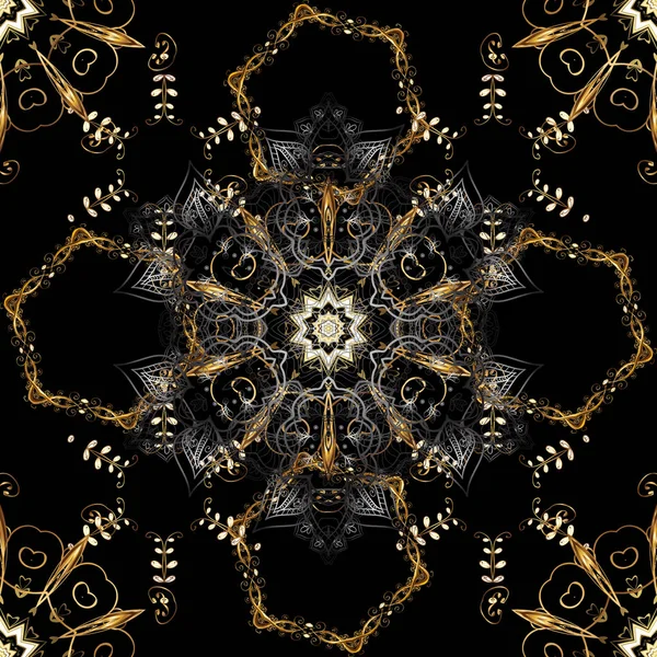 无缝的中世纪花卉皇家图案 向量例证 黑色上的金色 装饰对称的阿拉伯风格 适合生日 请柬或横幅的贺卡 — 图库矢量图片