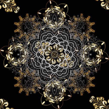 Dekoratif simetri arabesk. Altın siyah ve gri renkler. Doğum günü, davet veya afiş için tebrik kartı için iyi. Vektör çizim. Dikişsiz Ortaçağ çiçek Kraliyet desen.