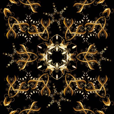 Noel, kar tanesi, yeni yıl 2019. Altın elementlerle siyah ve kahverengi renklerde kusursuz klasik desen.