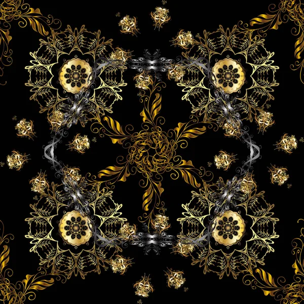 ダマスク織の背景 黄金の花のシームレスなパターン 黒い色の黄金の要素 バロック様式の金の花の飾り — ストックベクタ