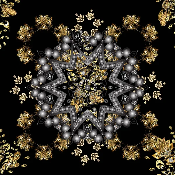 Vector Illustration Damask Gold Abstract Flower Seamless Pattern Gray Black — Stock Vector