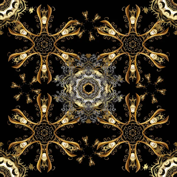 スタイリッシュなグラフィック パターン シームレスなベクトルの背景 黒と茶色の色の黄金の要素 壁紙バロック ダマスク織 — ストックベクタ
