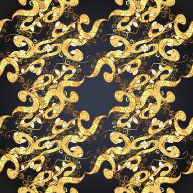 Siyah renkler altın elemanları ile Seamless modeli. Vektör sanat. Parlak dantel, stilize çiçekler, paisley. Sorunsuz altın doku bukleler. Ajur narin altın desen. Oryantal tarzı arabesk