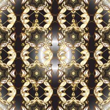 Vektör çizim. Süslü dekorasyon. Şam altın soyut çiçek seamless modeli siyah renkler.