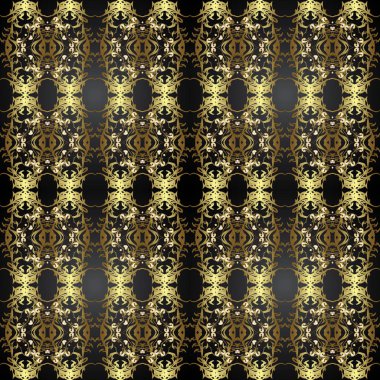 Dikişsiz Şam desen arka plan duvar kağıdı tasarım Barok tarzında. Süslü vektör dekorasyon. Altın altın elemanları ile siyah renk desen.