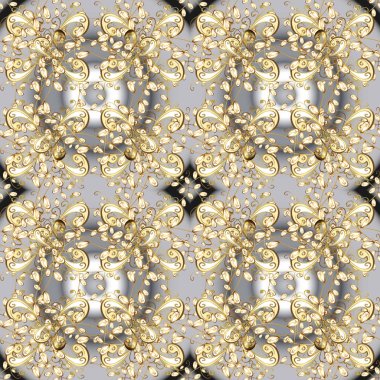 Ajur narin altın desen. Vektör. Parlak dantel, stilize çiçekler, paisley. Gri ve nötr renkler elemanları ile Seamless modeli. Oryantal tarzı arabesk. Sorunsuz altın doku bukleler
