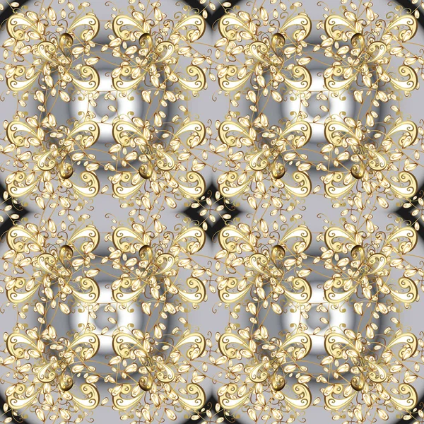Ajur narin altın desen. Vektör. Parlak dantel, stilize çiçekler, paisley. Gri ve nötr renkler elemanları ile Seamless modeli. Oryantal tarzı arabesk. Sorunsuz altın doku bukleler