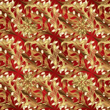 Vektör altın antika çiçek Ortaçağ dekoratif, yaprakları ve altın desen süsler kahverengi ve kırmızı renkleri ile seamless modeli. Sorunsuz kraliyet lüks altın Barok damasko vintage.